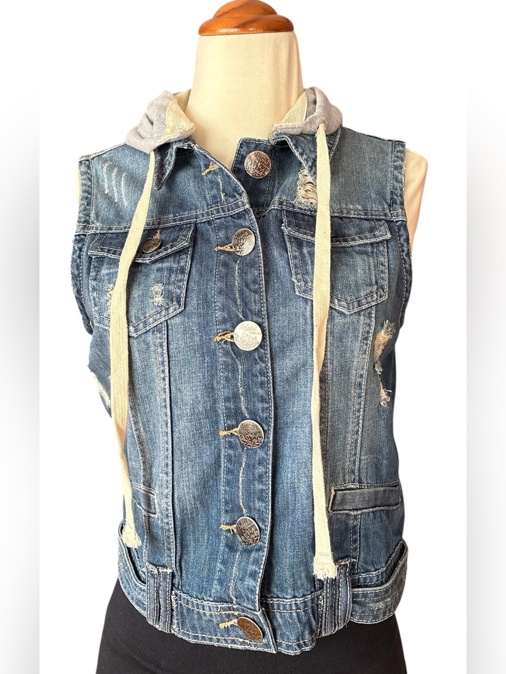 Distressed Denim Vest with Light Grey Detachable Hood